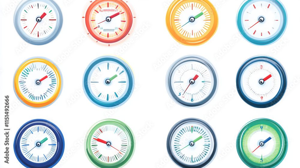 Poster speedometers collection. symbols of speed score measuring tachometer level indices vector collection