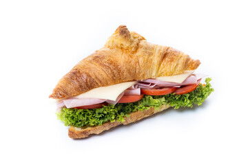 Croissant with ham, cheese and vegetables isolated on white background