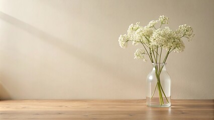 Serene white flowers in a clear glass vase on a light wood surface against a neutral background