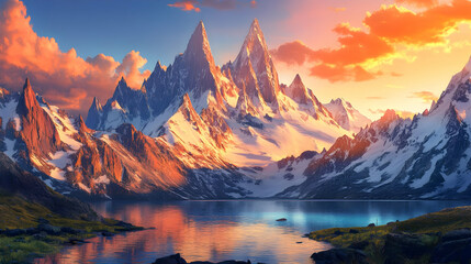 Obraz premium Majestic Sunset over Snowy Mountains and a Calm Lake
