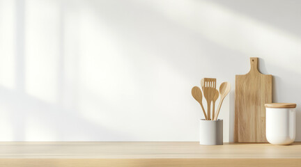 modern kitchen counter  on a white wall background, a mockup template for product display presentation