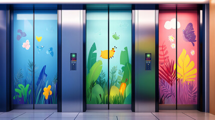 Set of different modern glass elevators. Vector pictures in cartoon style. Collection of lift and elevator door for hotel and modern office illustration