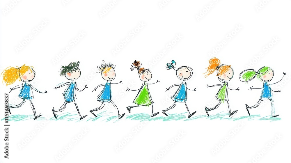 Poster colorful hand-drawn characters of children running in a line with joyful expressions and playful out