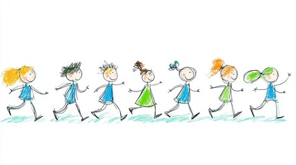 Fototapeta premium Colorful Hand-Drawn Characters of Children Running in a Line with Joyful Expressions and Playful Outfits
