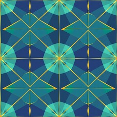 Geometric Azure Abstract Pattern: A mesmerizing seamless pattern of interlocking geometric shapes, rendered in a captivating palette of azure blue, turquoise, and gold.