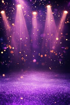 Purple Glitter Stage with Spotlights and Sparkling Confetti: A Festive Backdrop