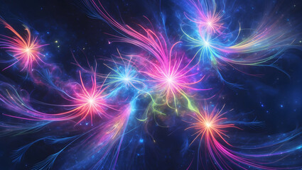 Colorful Abstract Fractal Design of Shining Stars in Bright Black Night Sky