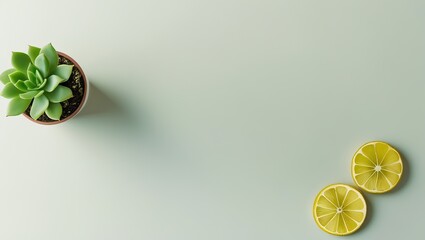 A cheerful flat lay featuring juicy lemon slices a succulent plant against a pale green background ideal for summer themes healthy living and wellness content.