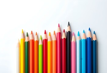 Many different colored pencils on a white background, Colored pencils arranged in color wheel colors on a white background, Group of multicolor pencils.
