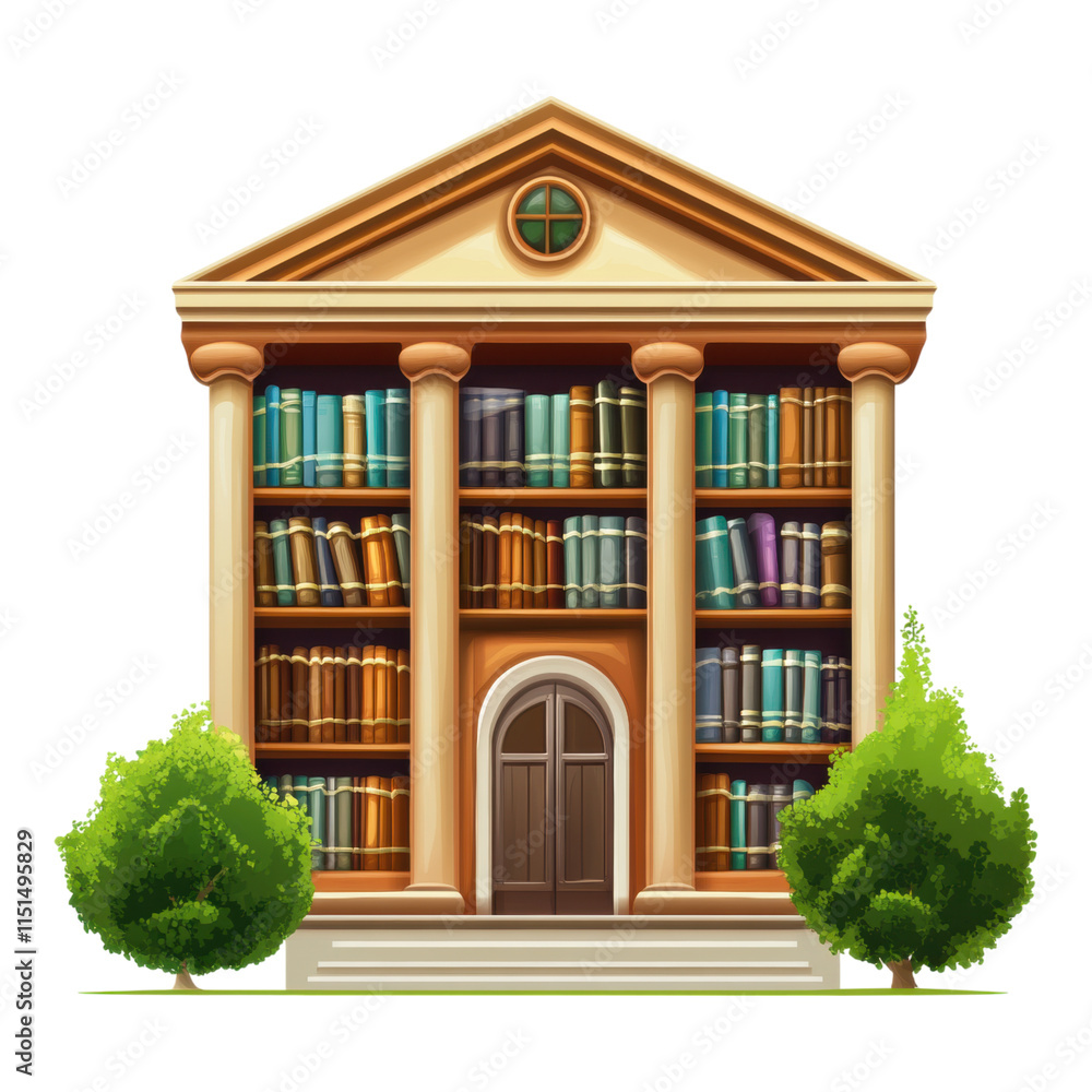 Poster library building icon featuring interior bookshelves, designed with a transparent background for ver