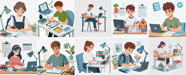 Vector set of a teenager completing school or office assignments with a simple flat design style