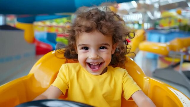 Cheerful happy toddler laughs and has fun on a bumper car amusement park, enjoying a fun day out