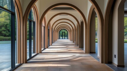 Fototapeta premium A beautifully designed corridor showcases a series of elegant arches, casting soft shadows on the smooth floor, inviting visitors to explore the peaceful landscape beyond the glass walls