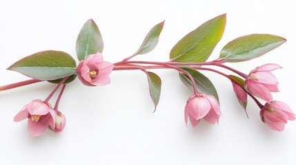 Obraz premium a stem with pink bell-shaped flowers and green leaves on a white background