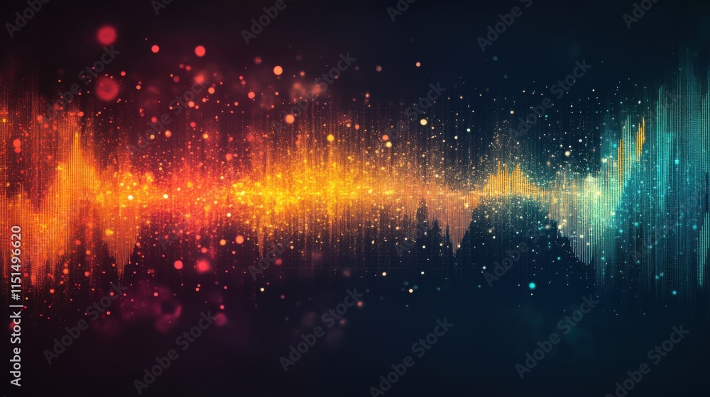 Poster vibrant colorful sound wave visual representation on a dark background with bokeh effects and light 