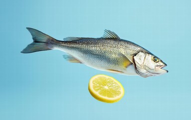 Naklejka premium A whole bass fish hovering mid-air with a slice of lemon, on a light blue background
