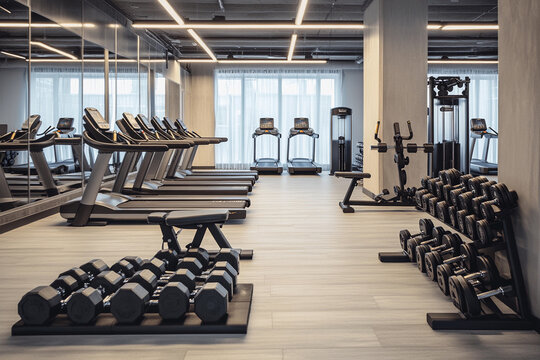 A minimalist gym with a focus on free weights and cardio machines, promoting a clean and focused workout environment, modern and sleek