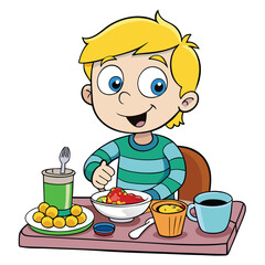 "Cartoon Little Boy Having Breakfast Vector Illustration"

