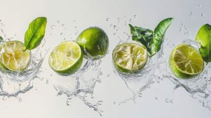 fresh limes splashing in water