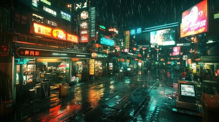 Obraz premium A futuristic street with neon-lit storefronts, holographic advertisements, and rain-soaked streets.