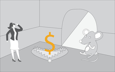 Mouse traps, snares, investment scams or traps in front of mouse holes, mouse traps placed in front of mouse holes and dollar signs