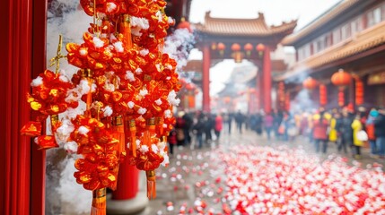 A colorful display of red decorations during a lively traditional festival, rich in culture and joy.