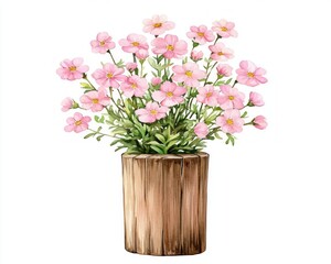A charming arrangement of delicate pink flowers in a rustic wooden pot, perfect for decoration.