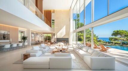 Obraz premium Mediterranean Luxury Villa: Oceanfront Living Room with Panoramic Views