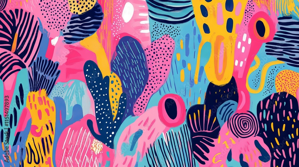 Poster hand-drawn colorful memphis-inspired background design featuring bold geometric patterns and vibrant
