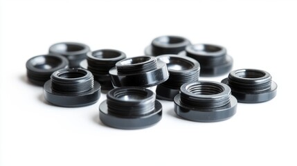 A collection of black threaded caps placed artistically on a white background. Each cap showcases precision and design. These caps are perfect for various applications. Generative AI
