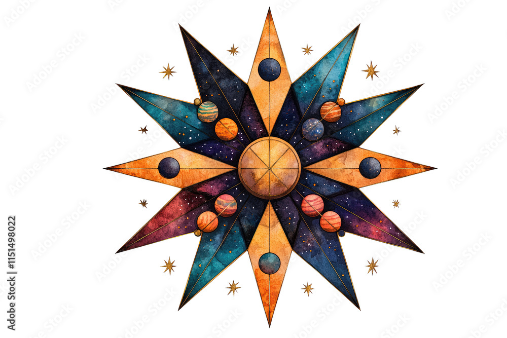 Poster cosmos astronomy concept. an artistic representation of a celestial star with planets orbiting in vi