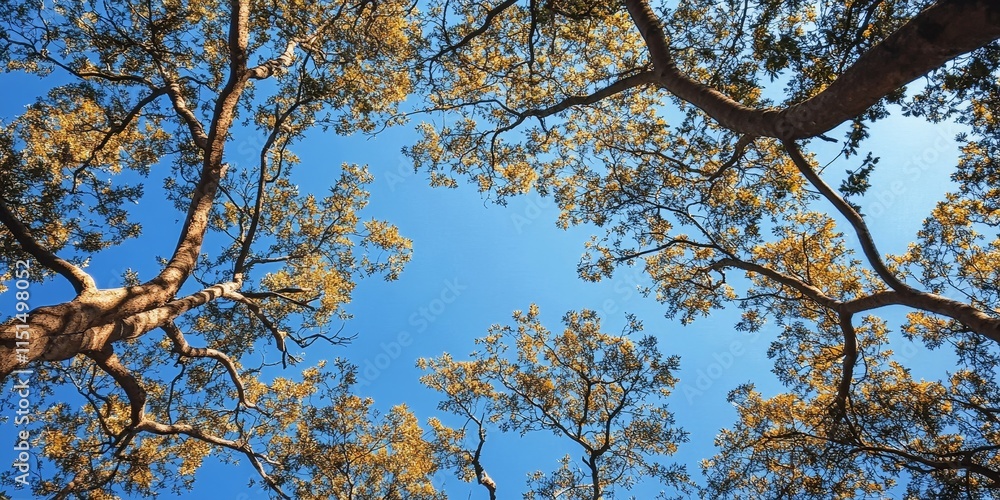 Poster a stunning view featuring the blue sky visible through a tree s many branches and leaves, creating a