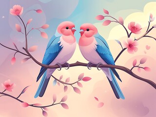 Two Pink and Blue Birds Perched on a Blossom Branch
