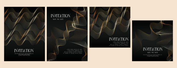 golden curve waves Luxury invitation square card background set. Premium geometric shape, gold line gradient on dark, Rich design for gala, grand opening, party invitation, layout, templates.