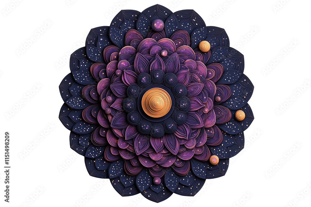 Poster cosmos astronomy concept. an intricate mandala design with layered petals and cosmic elements in vib