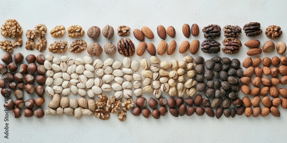 Poster a collection of nuts arranged on a white surface, showcasing the variety and texture of nuts in an a