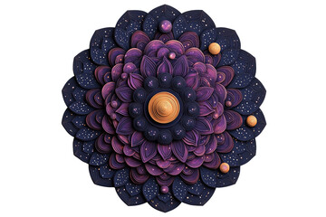 Cosmos astronomy concept. An intricate mandala design with layered petals and cosmic elements in vibrant colors.