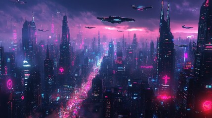 Obraz premium A futuristic city skyline at night, glowing with neon lights and flying vehicles.