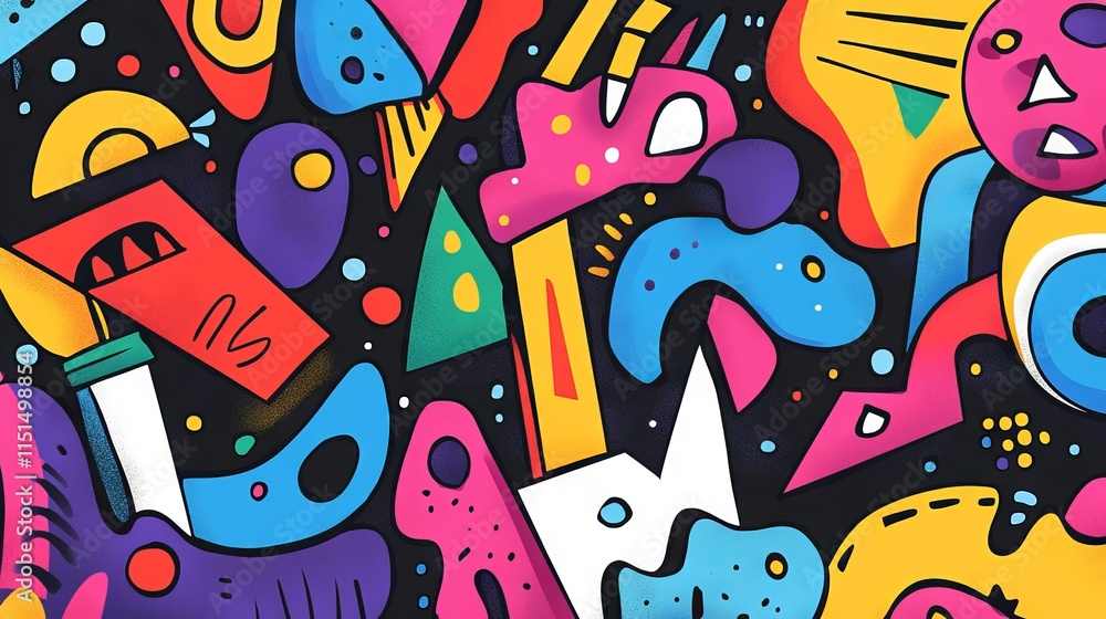 Poster hand-drawn colorful memphis-inspired background design featuring bold geometric patterns and vibrant