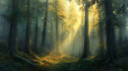 Obraz premium Sunlit Path Through a Misty Forest: A Breathtaking Nature Scene
