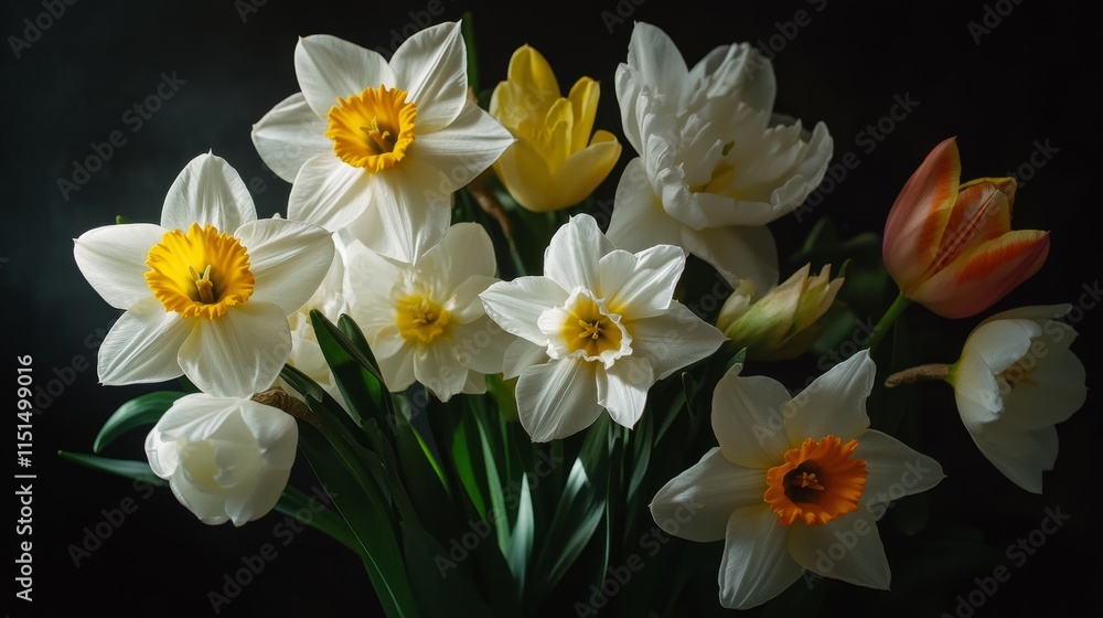 Poster macro shot of daffodils and tulips arranged in a bouquet, showcasing the intricate details of the fl