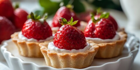 Delicious strawberry tartlets displayed on a white dish, showcasing the vibrant colors of the strawberry tartlets and their appealing texture, perfect for dessert lovers and gatherings.
