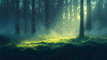 Enchanted Forest: A Mystical Landscape of Fog, Trees, and Sunlight