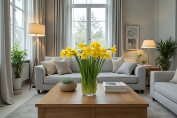 Interior of light living room with grey sofas and yellow narcissus flowers on wooden coffee table. Front view.