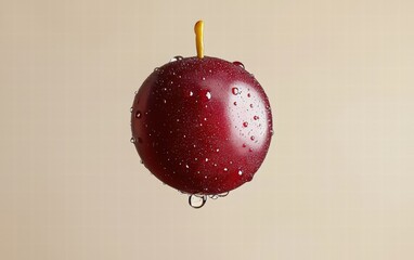 A ripe cranberry with a glossy finish, floating mid-air with dewdrops, set against a soft beige background