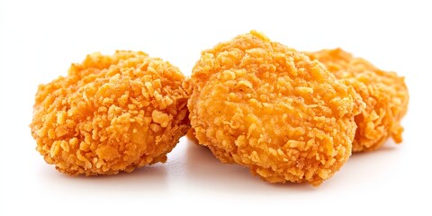 Three gluten free cornflake crumb chicken nuggets are frozen and isolated on a white background, showcasing the crispy texture of these gluten free cornflake crumb delights.