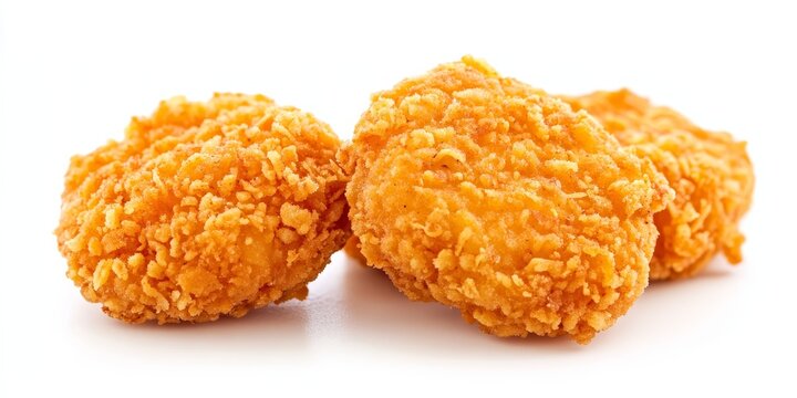 Three gluten free cornflake crumb chicken nuggets are frozen and isolated on a white background, showcasing the crispy texture of these gluten free cornflake crumb delights.