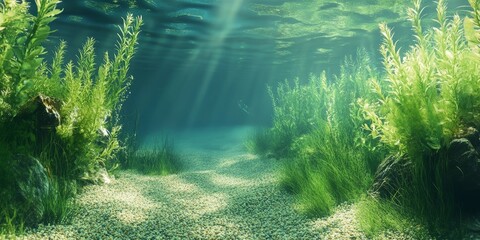 A vibrant green underwater environment featuring a seabed and gravel can be seen in the shallower waters. The scene highlights the lush aquatic life and textures present.