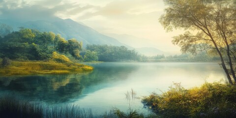 Morning landscape showcasing the tranquil waters of a reservoir, surrounded by serene nature, perfect for capturing the essence of a peaceful landscape experience.