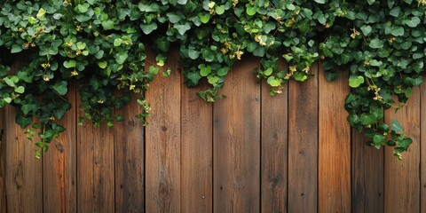 Fototapeta premium Wooden wall featuring lush creepers on the left side, embodying a popular English style with vintage charm. This wooden wall serves as a captivating backdrop with ample copy space.